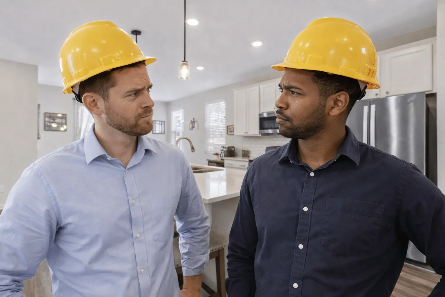 Construction crew members in a CFR-ready furnished rental kitchen