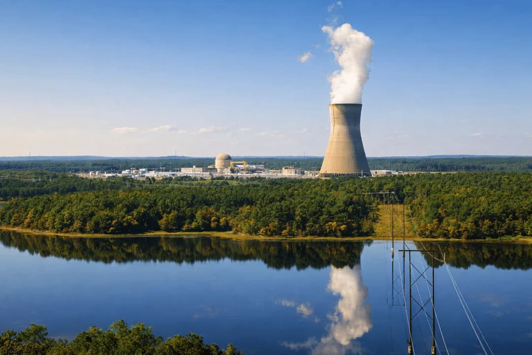 Cooling tower of the Shearon Harris Nuclear Plant rising above Harris Lake and the surrounding forest