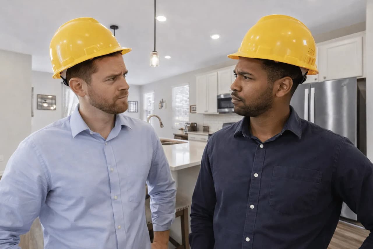 Two crew members in hard hats inside a CFR rental kitchen
