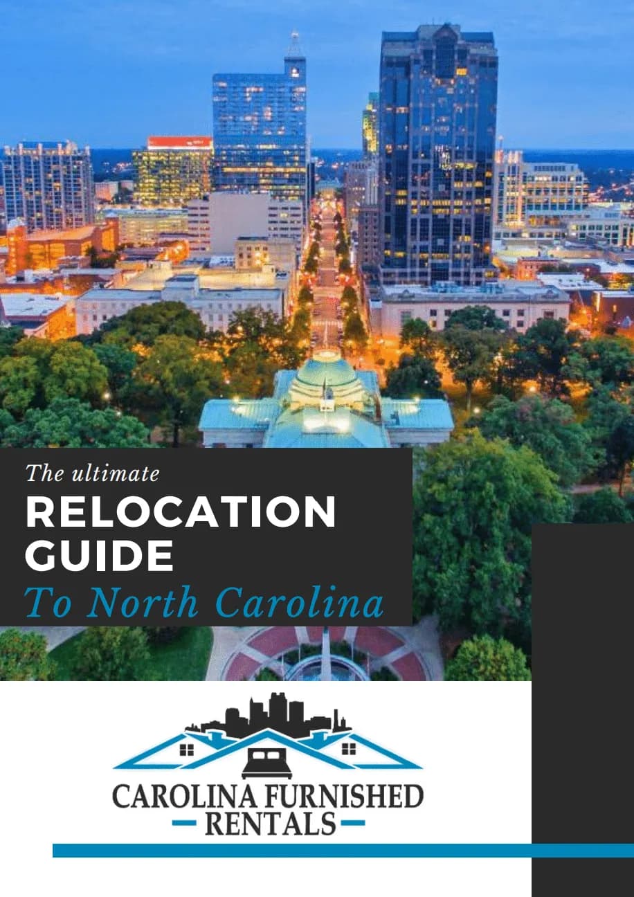 Cover of the Ultimate Relocation Guide to North Carolina over the Raleigh skyline