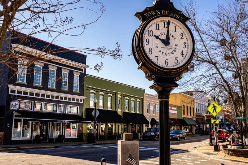 Downtown Apex streetscape and town clock
