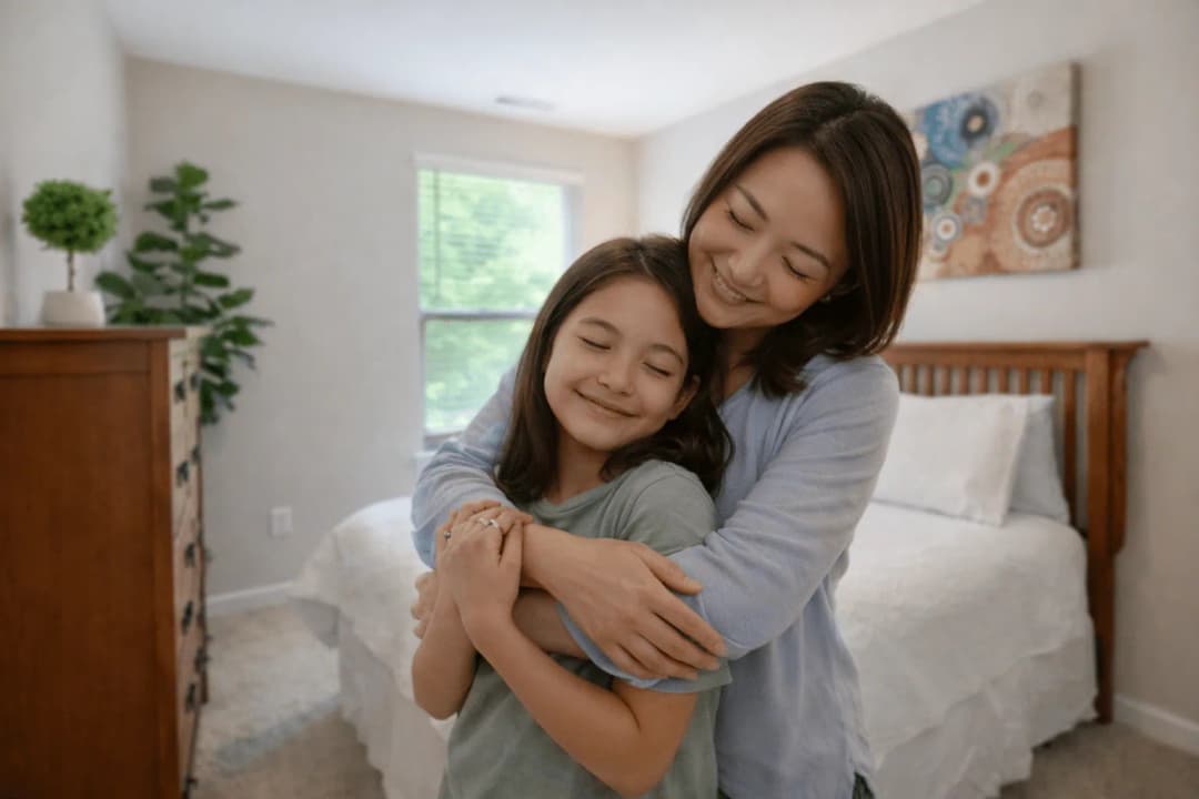 Mother hugging her daughter in the bedroom of a furnished rental home