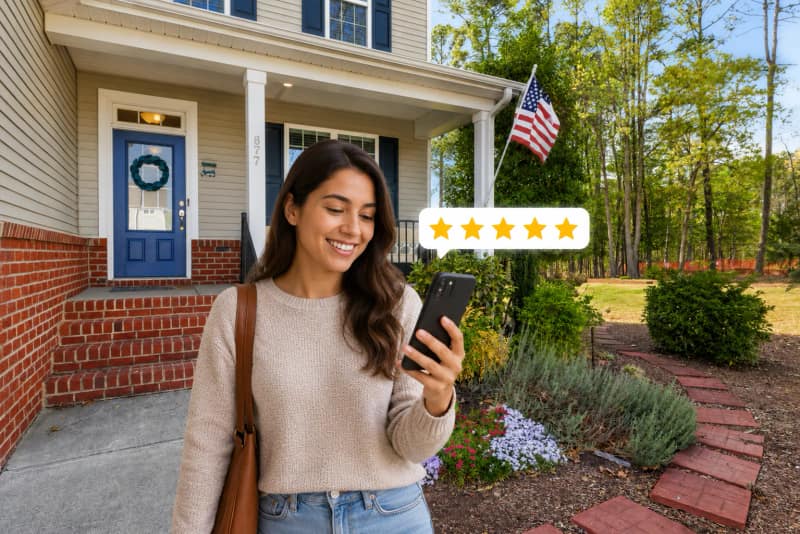 Woman reading a five-star review on her phone outside a furnished home