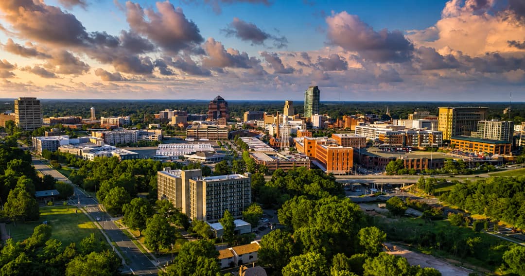 Aerial view of downtown Durham, North Carolina, at sunset